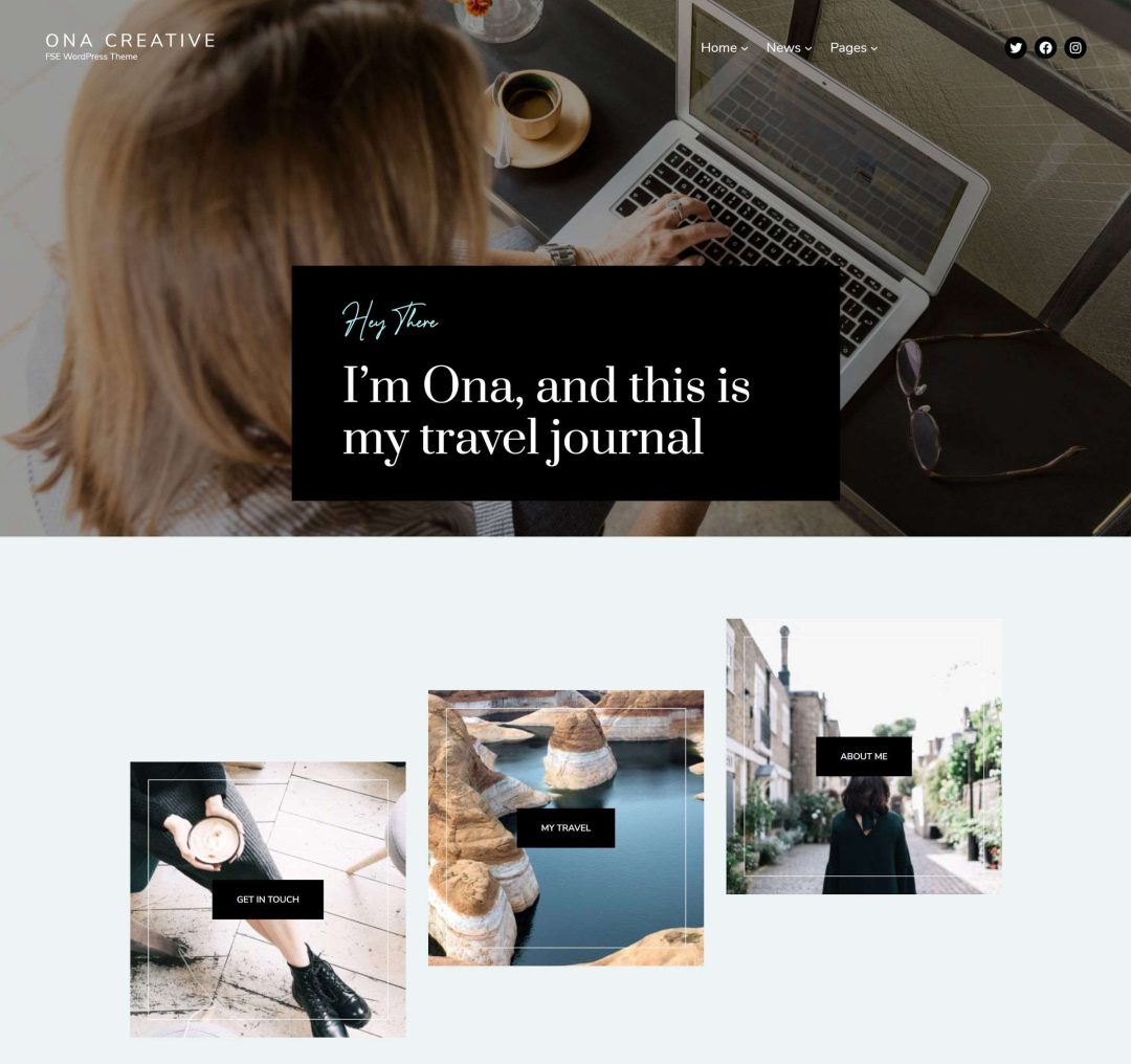 Website design with a large hero header, followed by three columns of boxes at offset positions.